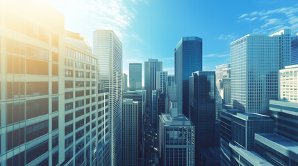 Obraz premium City Skyline and Skyscrapers Under Blue Sky and White Clouds Aerial View