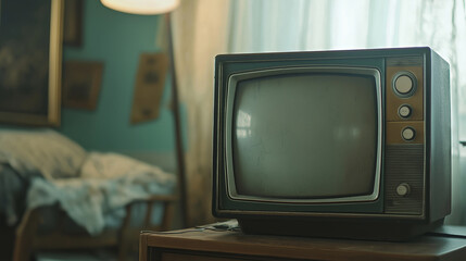 Vintage television on wooden cabinet in cozy living room, nostalgic decor, retro vibe, antique ambiance, home interior concept