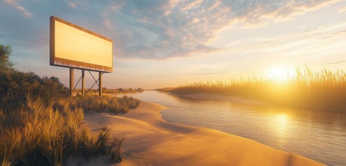 A bold, clean billboard stands tall along a sandy riverbank, surrounded by the warm glow of the setting sun. 