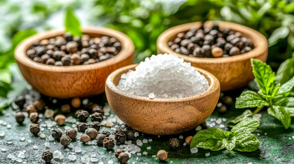 Bowls overflowing with salt and peppercorns resting on table