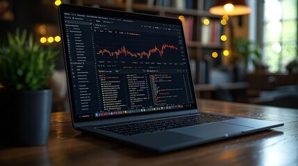 A laptop displaying financial data and code on a wooden desk in a cozy environment.