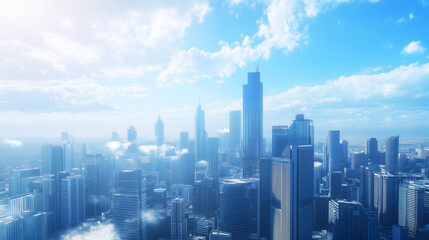 Fototapeta premium City Skyline and Skyscrapers Under Blue Sky and White Clouds Aerial View
