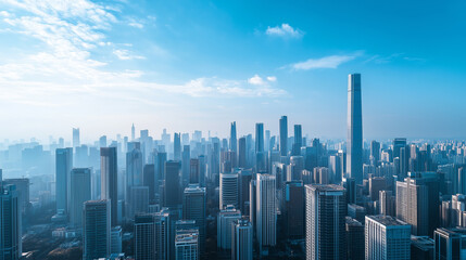 Fototapeta premium City Skyline and Skyscrapers Under Blue Sky and White Clouds Aerial View