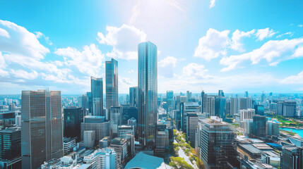 Obraz premium City Skyline and Skyscrapers Under Blue Sky and White Clouds Aerial View