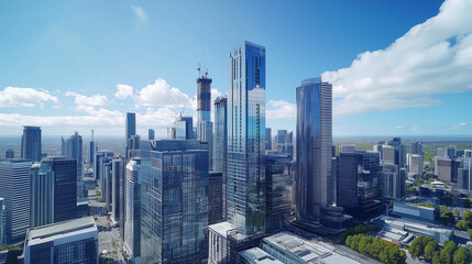 Fototapeta premium City Skyline and Skyscrapers Under Blue Sky and White Clouds Aerial View