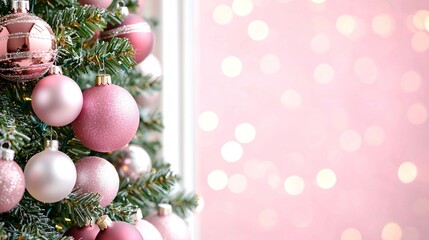 Fototapeta premium A beautifully decorated Christmas tree with pink ornaments against a soft pink bokeh background, exuding festive cheer and elegance.
