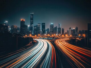 Fototapeta premium mesmerizing long-exposure capture of a busy urban highway at dusk. streaking lights from vehicles paint light trails against a glowing city skyline.