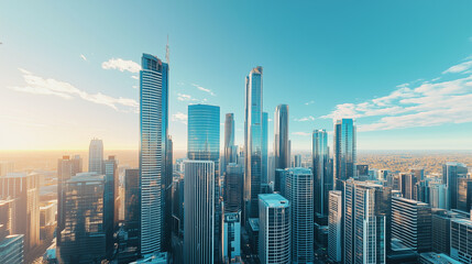 Obraz premium City Skyline and Skyscrapers Under Blue Sky and White Clouds Aerial View