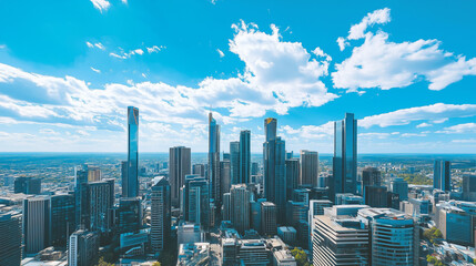 Obraz premium City Skyline and Skyscrapers Under Blue Sky and White Clouds Aerial View