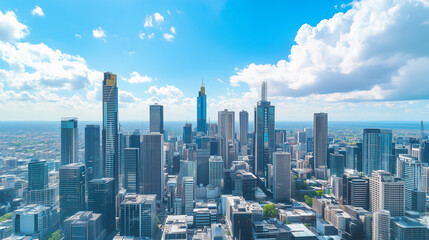 Obraz premium City Skyline and Skyscrapers Under Blue Sky and White Clouds Aerial View