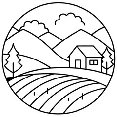 Naklejka premium rural landscape outline coloring book page line art drawing