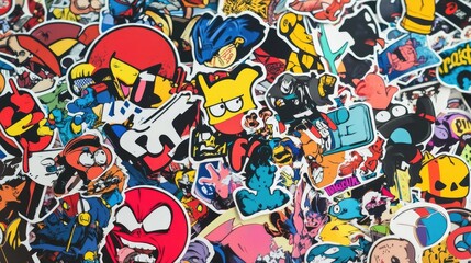 Vibrant Pile of Colorful Stickers with Cartoon Characters, Symbols, and Logos