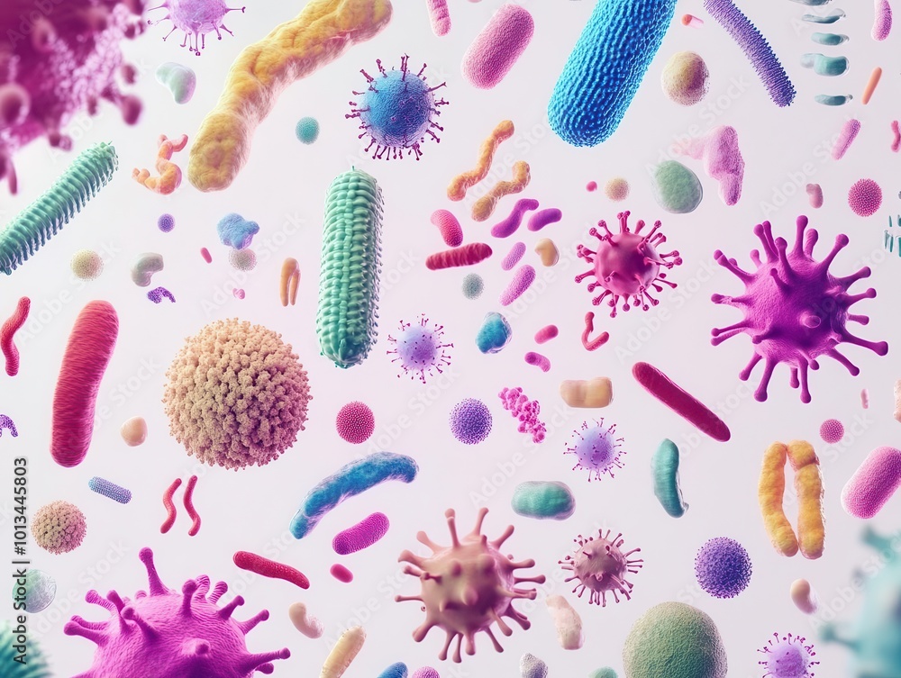 Poster microscopic view of diverse bacteria and microorganisms. colorful, stylized renderings of various sh