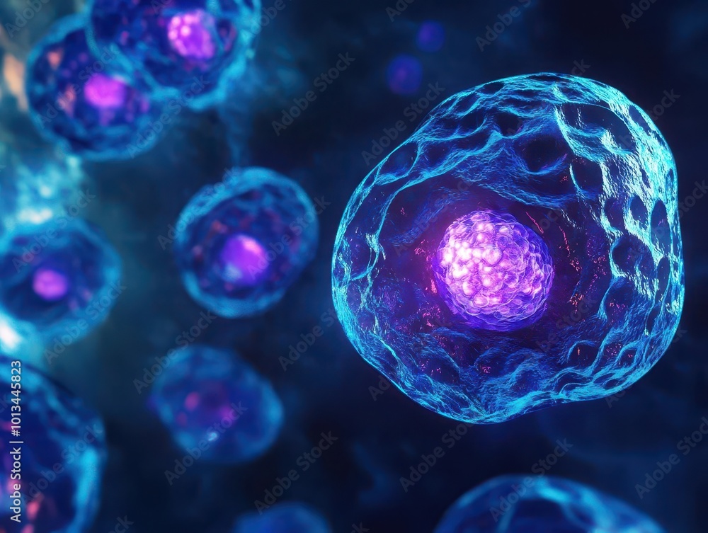 Poster microscopic view of human stem cells, 3d rendered in vibrant blues and purples, intricate cellular s