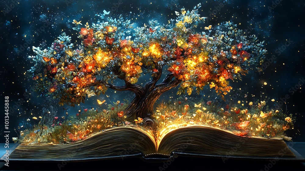 Aufkleber a magical tree grows from an open book with glowing lights and butterflies.