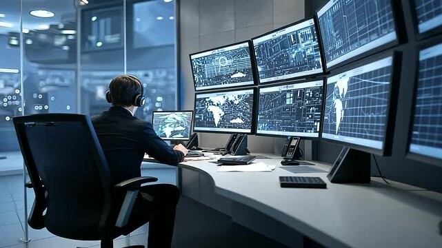A futuristic security room equipped with multiple CCTV screens, highlighting sophisticated security measures and a mock-up for enhanced data protection