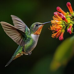 Fototapeta premium A vibrant hummingbird approaches a colorful flower. The image captures the beauty of nature and its delicate balance. Perfect for nature lovers and environmentalists. AI