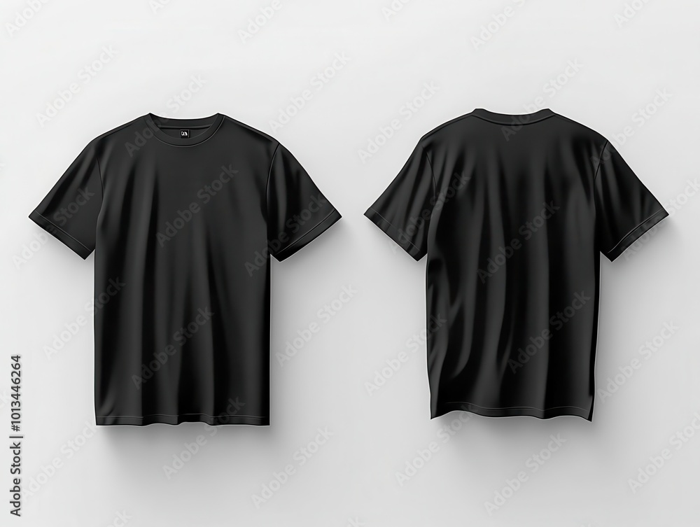 Poster minimalist black t-shirt mockup floating in white void. clean lines and sharp contrast. front and ba