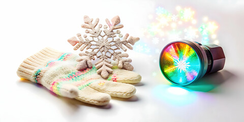 Obraz premium Floating Holographic Snowflake with Glowing Gift Box: Futuristic Winter Theme with Ample Copy Space on White Background for Photo Stock Concept