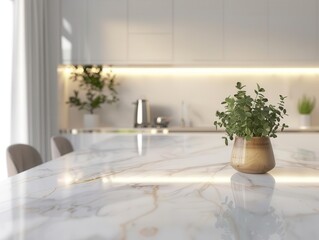 minimalist kitchen countertop with sleek marble surface, blurred white kitchen background. clean lines, modern appliances barely visible, soft natural light creating a serene atmosphere.