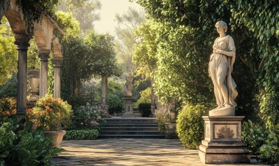 Stone statue in a lush garden.
