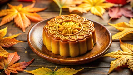 Traditional golden-brown mooncake adorned with intricate designs, filled with sweet lotus seed paste, sitting on a ornate plate, surrounded by festive autumn leaves.
