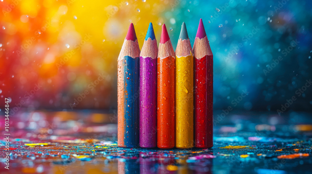 Poster vibrant assorted colored pencils in creative abstract background with bokeh and paint splashes for e