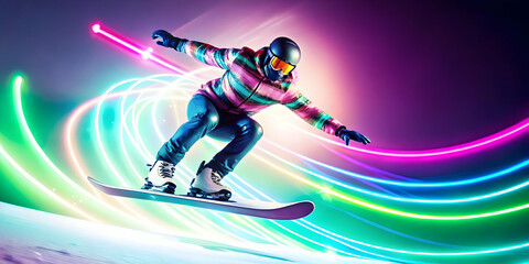 Glowing Snowboarder Performing Tricks on Abstract Digital Slopes with Neon Effects - Perfect for Winter Sports Gear Promotion