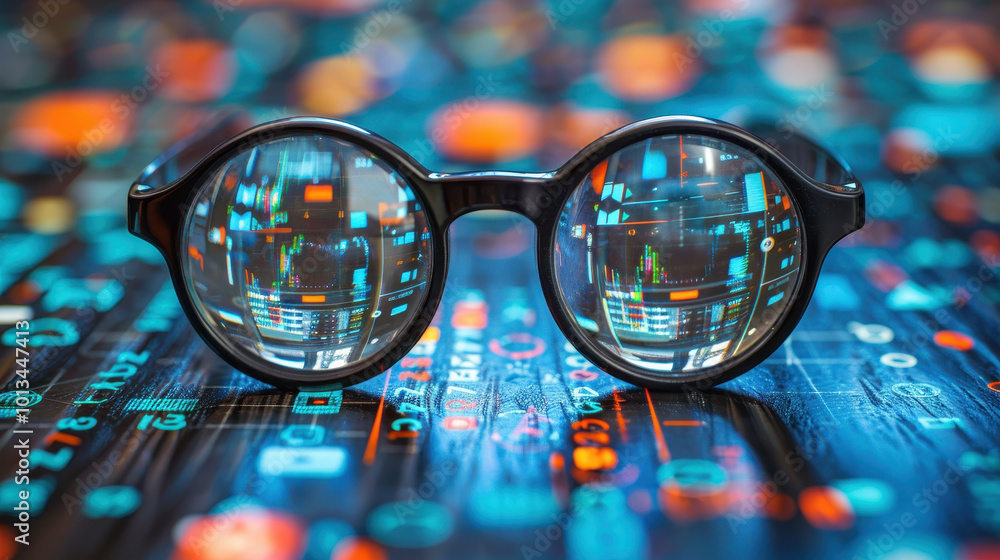 Poster glasses reflecting data on colorful digital screen representing seo, search engine optimization, dat