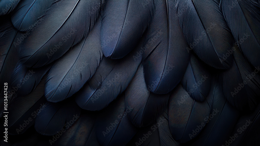 Poster close-up abstract background of black feathers with subtle dark tones and textures for artistic and 