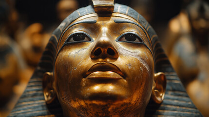 Golden head of the sarcophagus of an Egyptian pharaoh in a museum