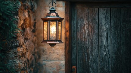 A beautifully restored, vintage hanging lantern with aged copper detailing, softly illuminating the entrance of an old cottage.