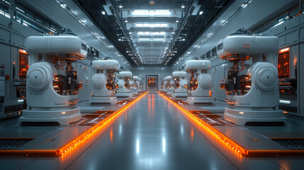 Advanced Industry 4.0 Smart Factory with Automated Machinery in a High-Tech Manufacturing Facility at Night with Futuristic Lighting and Robotics for Precision Engineering