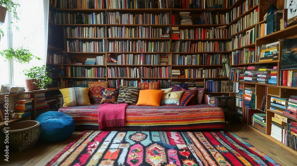 Poster towering floor-to-ceiling bookshelf spanning entire wall. countless colorful book spines create a me