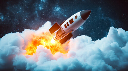 Rocket Launch Symbolizing Online Startup Growth in Night Sky with Clouds and Stars