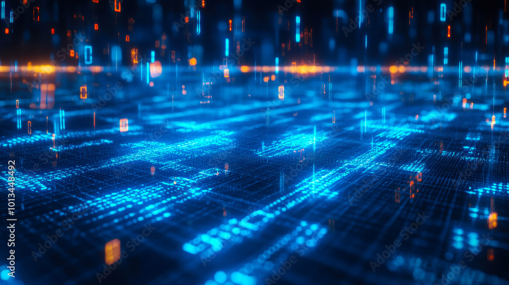 Poster 3d render of digital blue glowing binary code matrix background depicting complexity and data flow i