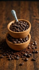 Wooden table with coffee beans and a bowl of ground coffee.