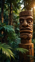 Wooden Tiki statue in a lush jungle during golden hour.