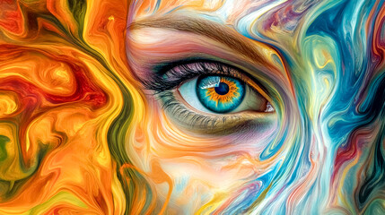 Woman eye emerging from colorful abstract painting