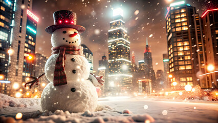Glowing Figure Crafting Snowman in Vibrant Abstract Winter Cityscape: Neon Lights & Radiant Snowflakes Create a Futuristic Winter Scene in Photo Stock