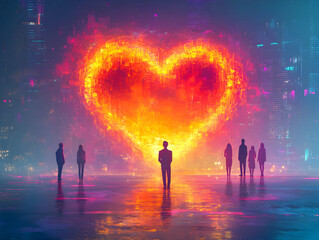 Naklejka premium Flat Digital Glowing Heart Surrounded by Abstract Human Figures Representing Love and Human Rights for Human Rights Day in Futuristic Colors - Medium Shot Vector Illustration