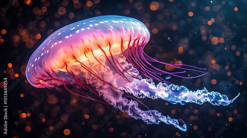 Aufkleber a translucent jellyfish with a reddish hue and purple tentacles floats in a dark background with bok