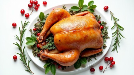 Roasted Thanksgiving turkey on a white background garnished with cranberries and herbs.