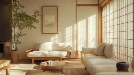 Fototapeta premium tranquil japandi-style living room bathed in natural light. minimalist furniture, organic textures, and earthy tones. blend of scandinavian and japanese design elements.