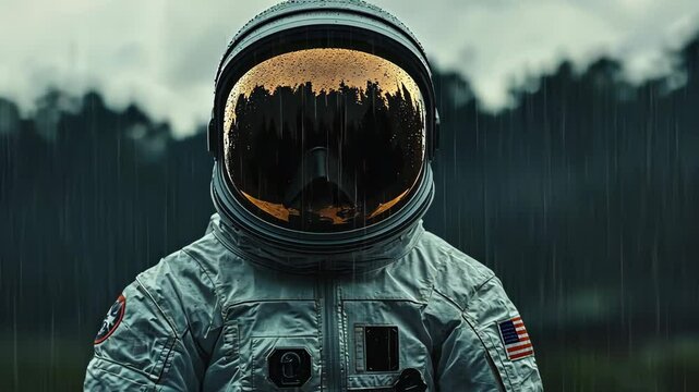 An astronaut stands in a rainstorm, looking out at the trees reflected in their visor