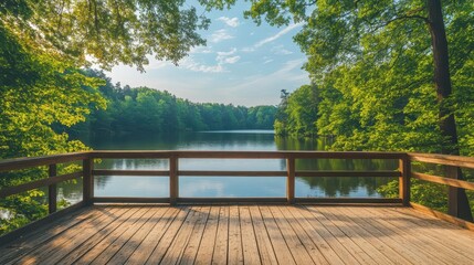 Obraz premium tranquil lakeside retreat empty wooden deck overlooking a serene summer lake, surrounded by lush green forests, inviting relaxation and contemplation in nature's embrace