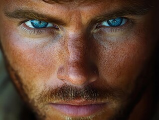 Fototapeta premium intense closeup portrait of a man with striking blue eyes conveying depth of emotion and character set against a neutral background that emphasizes his features and expression