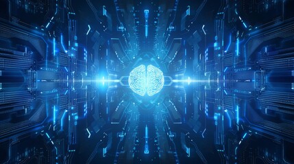 Futuristic abstract background with blue tones, ai brain, digital patterns, and circuit designs