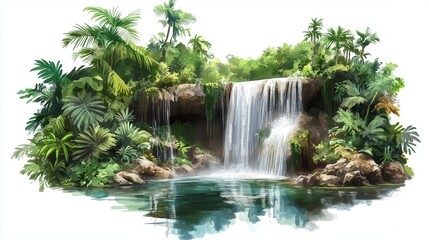 Naklejka premium tranquil waterfall cascading into crystal clear jungle pond, lush green foliage surrounds, peaceful nature oasis, isolated on white, tropical rainforest landscape, digital illustration