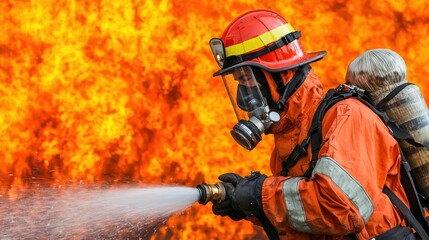 Firefighter with water hose extinguishing fire